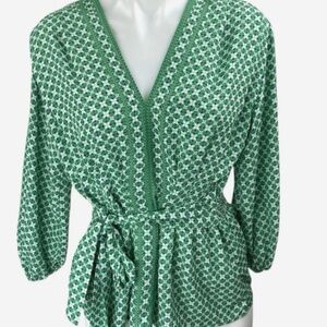 Max Studio Fresh Geometric Green Self Tie Blouse